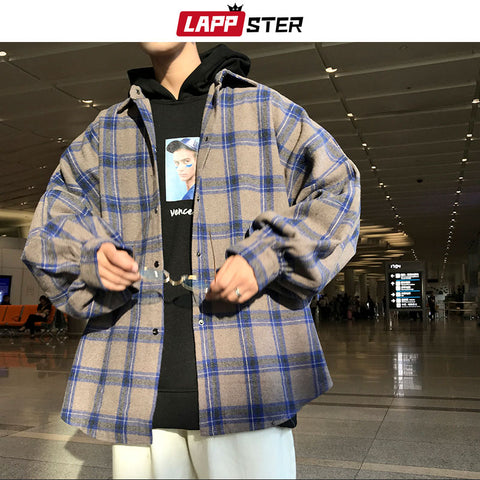 LAPPSTER Men Harajuku Color Block Plaid Shirt 2020 Mens Streetwear Thick Shirts Long Sleeve Male Vintage Korean Fashions Clothes