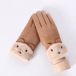 New Winter Female Lace Warm Cashmere Three Ribs Cute Bear Mittens Double thick Plush Wrist Women Touch Screen Driving Gloves 81C