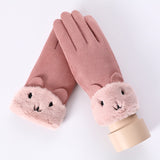 New Winter Female Lace Warm Cashmere Three Ribs Cute Bear Mittens Double thick Plush Wrist Women Touch Screen Driving Gloves 81C