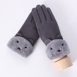 New Winter Female Lace Warm Cashmere Three Ribs Cute Bear Mittens Double thick Plush Wrist Women Touch Screen Driving Gloves 81C