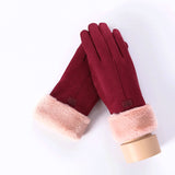 New Winter Female Lace Warm Cashmere Three Ribs Cute Bear Mittens Double thick Plush Wrist Women Touch Screen Driving Gloves 81C