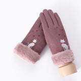 New Winter Female Lace Warm Cashmere Three Ribs Cute Bear Mittens Double thick Plush Wrist Women Touch Screen Driving Gloves 81C