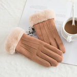 New Winter Female Lace Warm Cashmere Three Ribs Cute Bear Mittens Double thick Plush Wrist Women Touch Screen Driving Gloves 81C