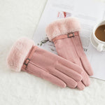 New Winter Female Lace Warm Cashmere Three Ribs Cute Bear Mittens Double thick Plush Wrist Women Touch Screen Driving Gloves 81C