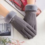 New Winter Female Lace Warm Cashmere Three Ribs Cute Bear Mittens Double thick Plush Wrist Women Touch Screen Driving Gloves 81C