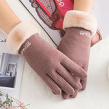 New Winter Female Lace Warm Cashmere Three Ribs Cute Bear Mittens Double thick Plush Wrist Women Touch Screen Driving Gloves 81C