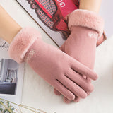 New Winter Female Lace Warm Cashmere Three Ribs Cute Bear Mittens Double thick Plush Wrist Women Touch Screen Driving Gloves 81C