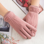 New Winter Female Lace Warm Cashmere Three Ribs Cute Bear Mittens Double thick Plush Wrist Women Touch Screen Driving Gloves 81C