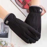 New Winter Female Lace Warm Cashmere Three Ribs Cute Bear Mittens Double thick Plush Wrist Women Touch Screen Driving Gloves 81C