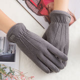 New Winter Female Lace Warm Cashmere Three Ribs Cute Bear Mittens Double thick Plush Wrist Women Touch Screen Driving Gloves 81C