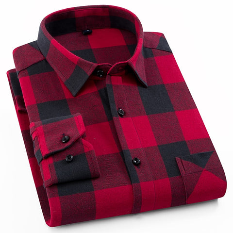 Men's Fashion 100% Cotton Brushed Flannel Shirts Single Pocket Long Sleeve Slim-fit Youthful Soft Casual Plaid Checkered Shirt